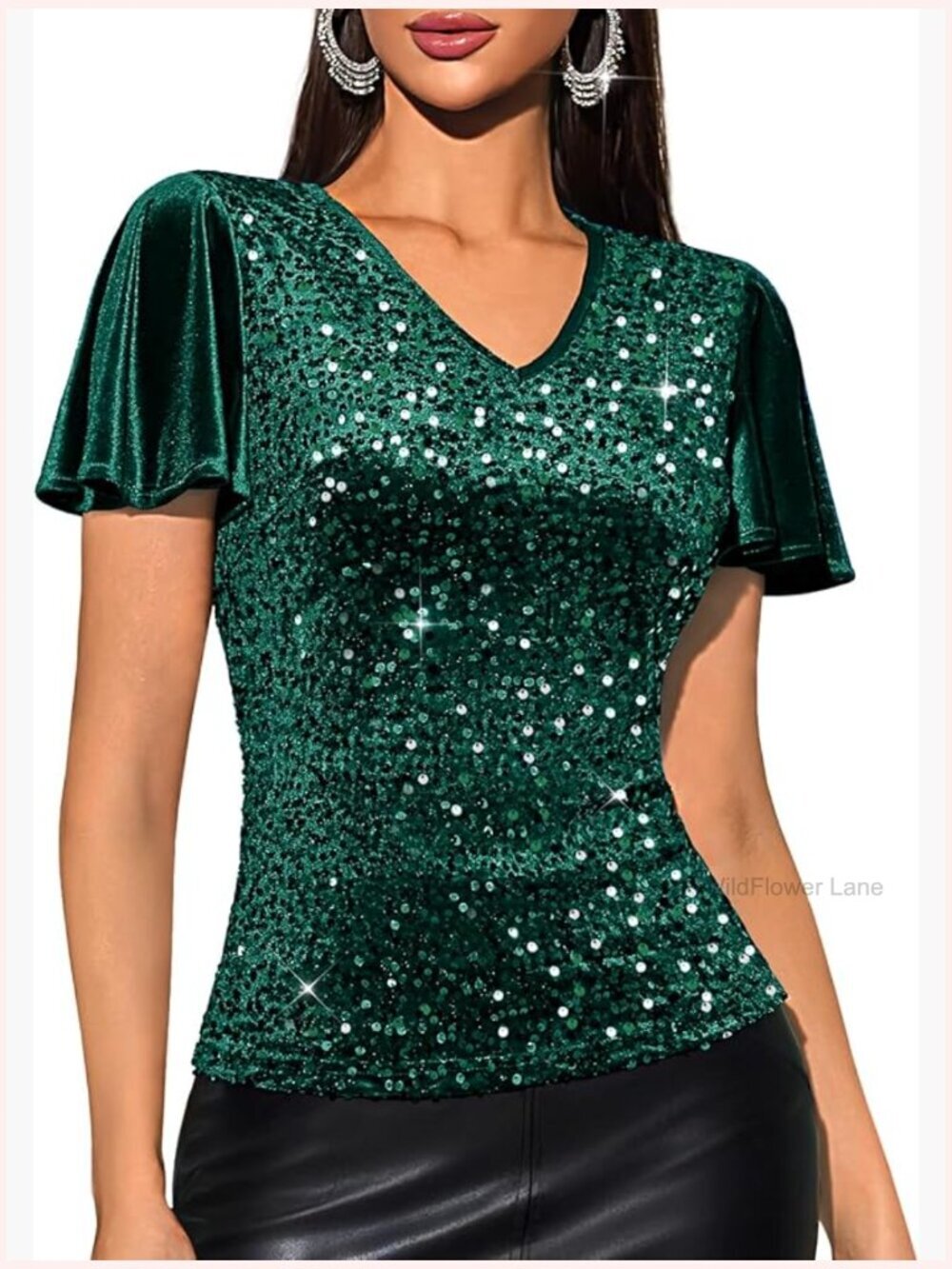 Sequin V-Neck Ruffle Sleeve Blouse Party Concert Top